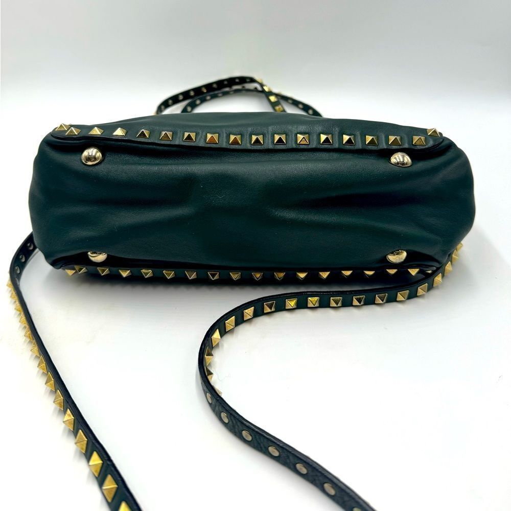 Auth Valentino Garavani Forest Green Leather Rockstud 2way Trapeze Shopper Tote - Picture 2 of 16